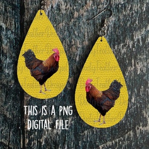 Chicken on Faux Leather Teardrop Earring Digital Design for Tear Drop Earrings,   For Sublimation- For Print - PNG - Clipart