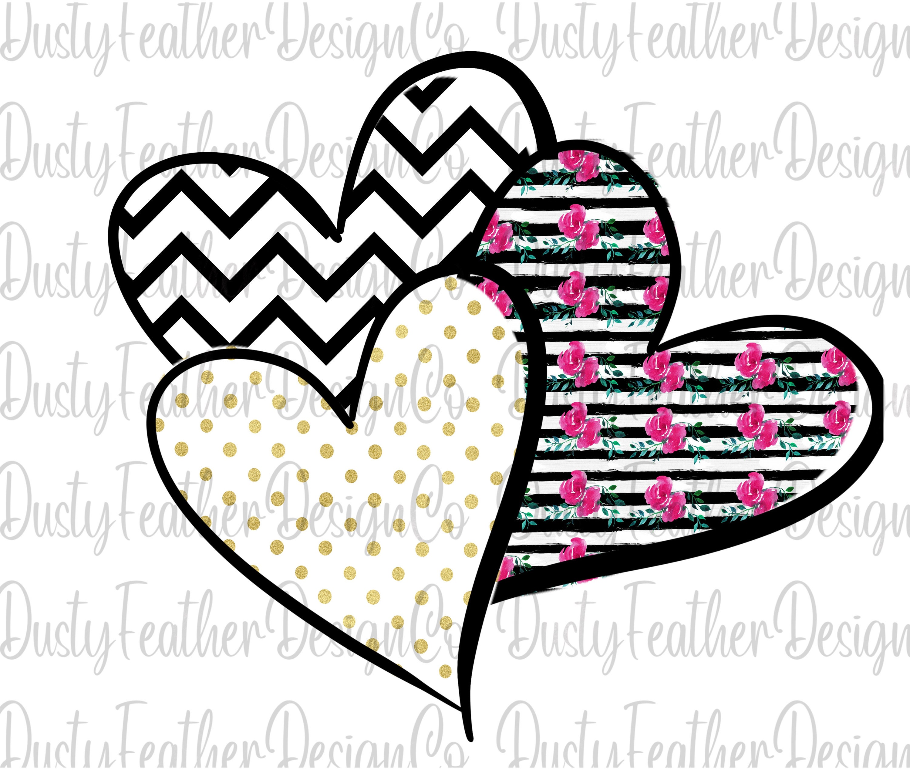 Valentine's Day, Hearts, Stripes, Floral, Gold, Digital Download for: Sublimation, Waterslide, Screen Print, PNG,