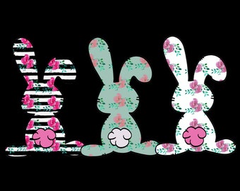 Happy Easter, Floral Bunnies, Digital Download for: Sublimation, Waterslide, Screen Print,  Humor, PNG,