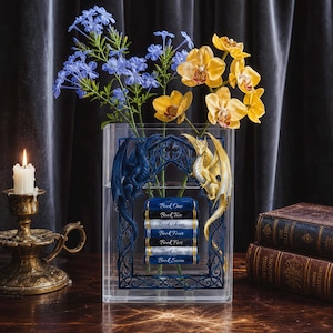 Può includere: Un vaso rettangolare trasparente con una cornice ad arco gotico blu scuro, un drago blu a sinistra e un drago dorato a destra. All'interno della cornice, sette libri impilati sono etichettati da Book One a Book Seven in testo bianco.