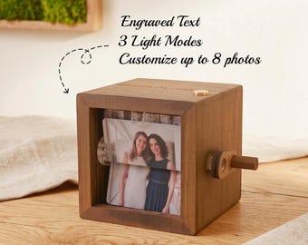 Caixa de fotos personalizada com animação flipbook - Caixa de madeira com manivela e luz, lembrança de casamento, presente romântico para casais, presente de aniversário.