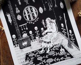 Baba Yaga's Sitting Room - 8x10 Archival Dark Art Print - Russian Folklore Ink Illustration