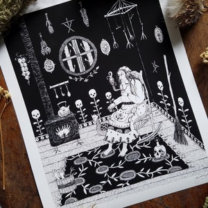 Baba Yaga&#39;s Sitting Room - 8x10 Archival Dark Art Print - Russian Folklore Ink Illustration
