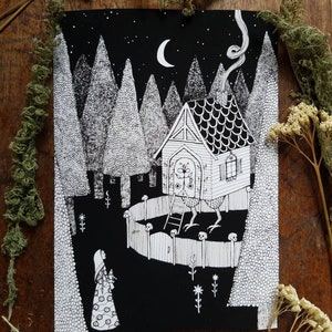 Forest of Baba Yaga - 5x7 Archival Dark Art Print - Russian Folklore Ink Illustration