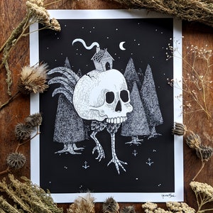 Baba Yaga Skicken - 8x10 Archival Dark Art Print - Russian Folklore Ink Illustration
