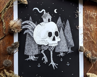 Baba Yaga Skicken - 8x10 Archival Dark Art Print - Russian Folklore Ink Illustration