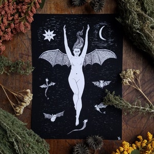 The Batwoman - 5x7 Archival Dark Art Print - Medieval Ink Illustration