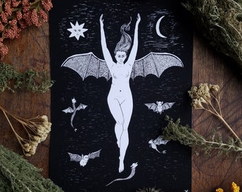 The Batwoman - 5x7 Archival Dark Art Print - Medieval Ink Illustration