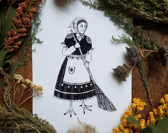 The Kikimora - 5x7 Archival Dark Art Print - Slavic Folklore Ink Illustration