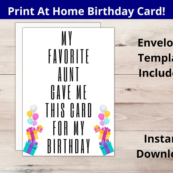 Funny Birthday Card Nephew Niece From Aunt Instant Download Print At Home 5x7 PDF & JPG With Printable Envelope Template Included!
