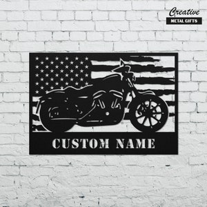 Personalized Motorcycle Metal Sign With Flag | Metal Wall Art | Biker Metal Decor