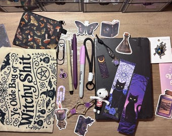 May include: A collection of stationery items including a cream-colored pouch with the text Ye Olde Bag of Witchy Shit, a black notebook, various stickers featuring cats, potions, and books, a small voodoo doll, bookmarks, pens, and a paper clip.