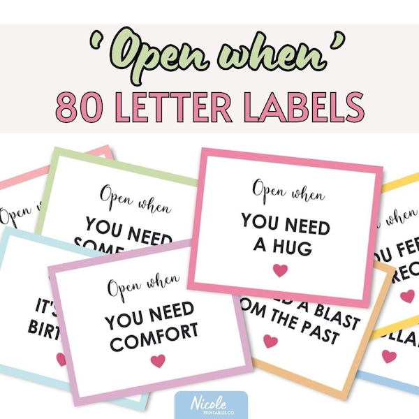 80 Printable Open When Envelope Labels - Going Away Present, Boyfriend Surprise Birthday Gift, Long Distance Relationship, College Student