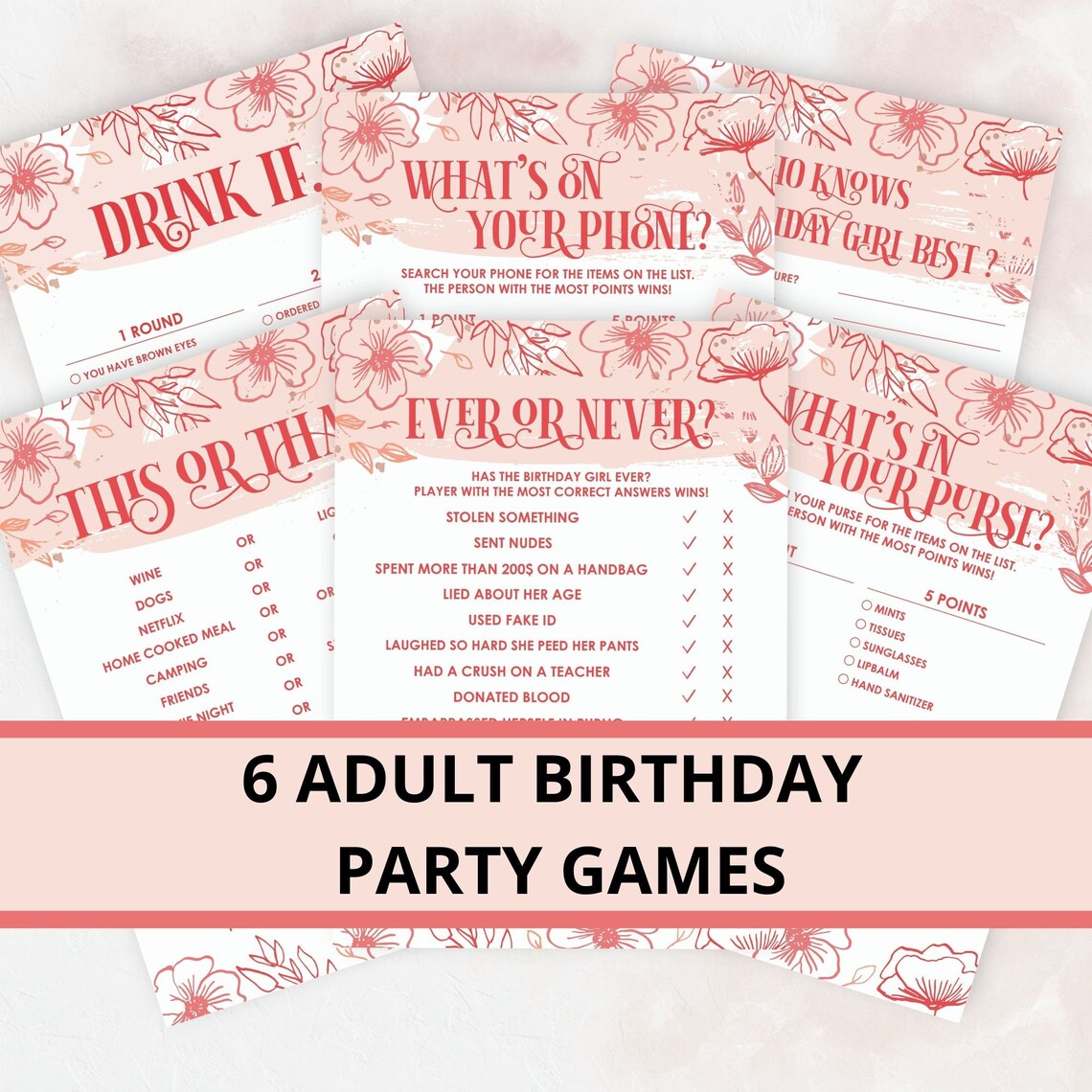 6 Adult Birthday Party Games Bundle, Virtual Zoom Birthday, Game for