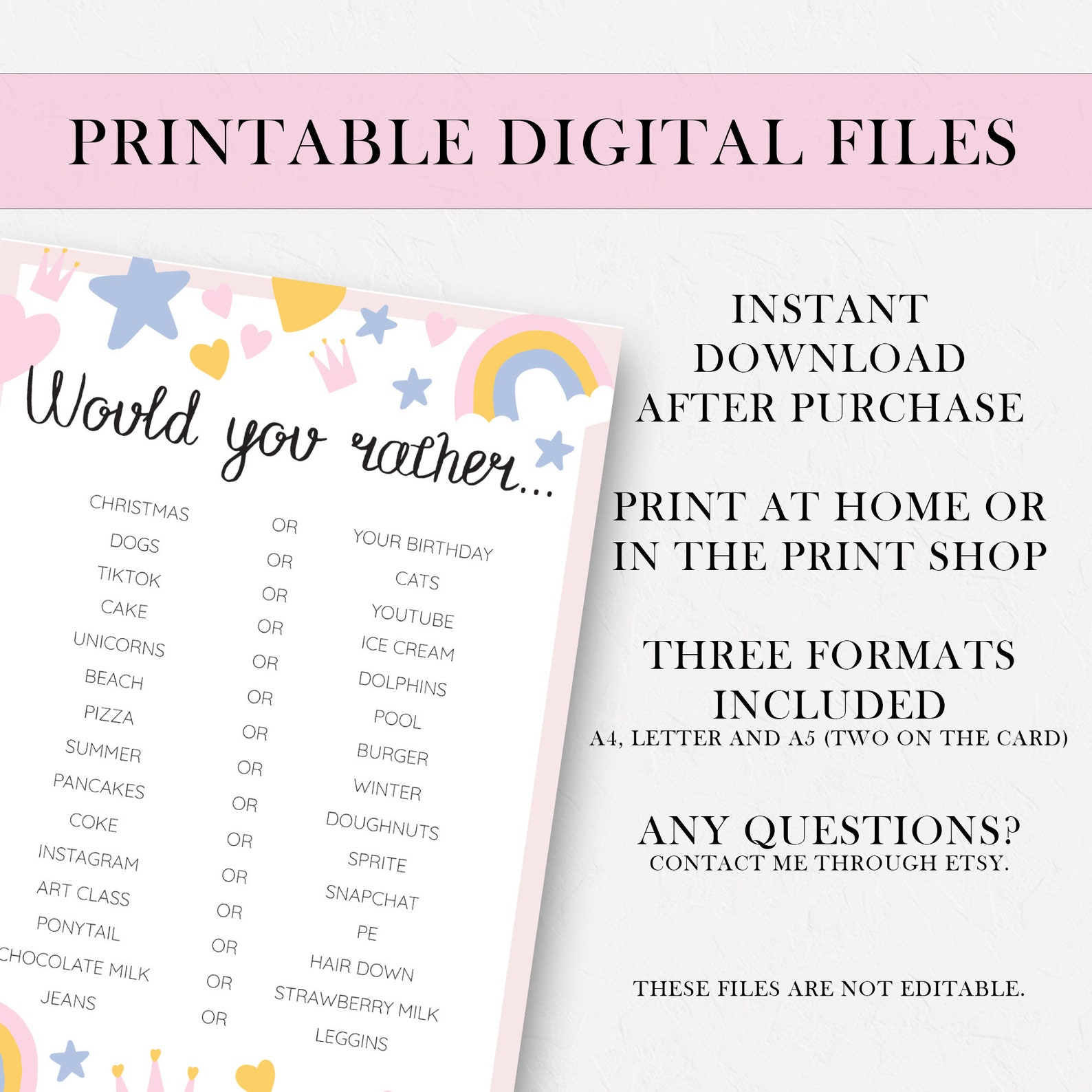 Would You Rather Sleepover Game, Girls Birthday Party (PDF) - Etsy