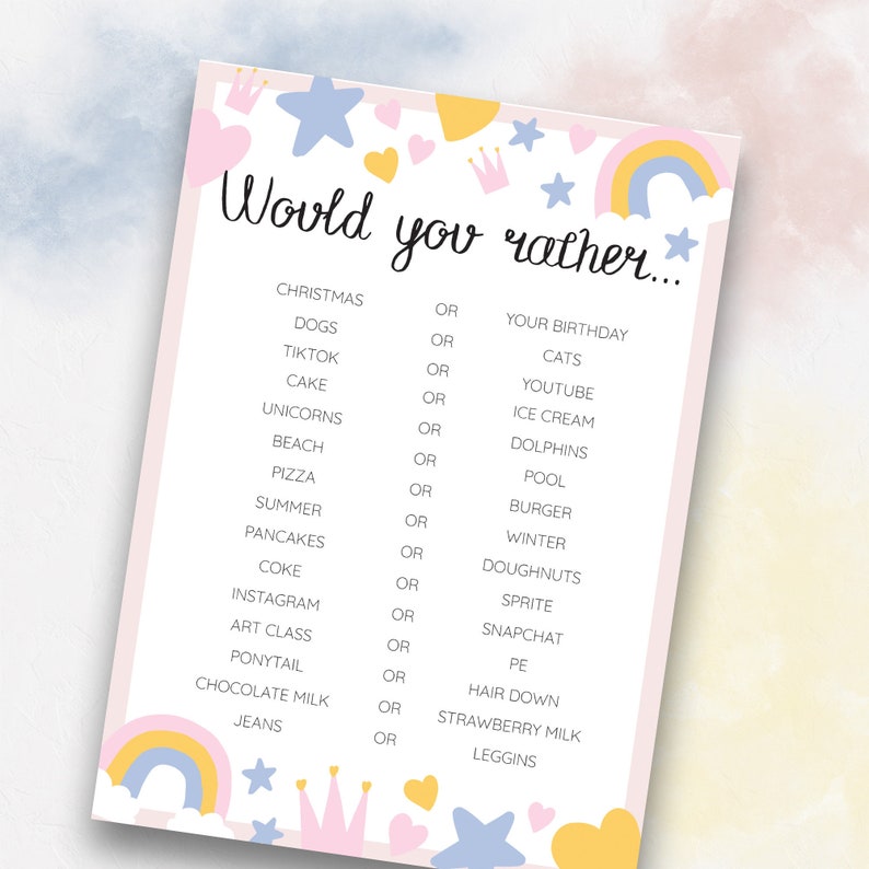 would you rather slumber party games girls birthday games etsy