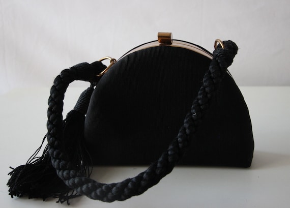 Black Structured (1950s) Evening bag with gold har