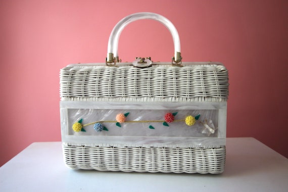 Vintage White Wicker Handbag | Basket Purse | 195… - image 1