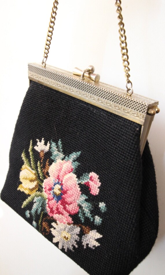 Vintage Mid-Century Tote Bag Tapestry/ 1950s Flora