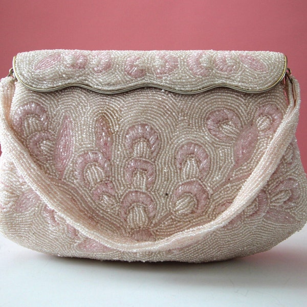 Vintage Delill Beaded Handbag Made in Japan | Wedding | 1950s-60s | Soft pinks | Floral