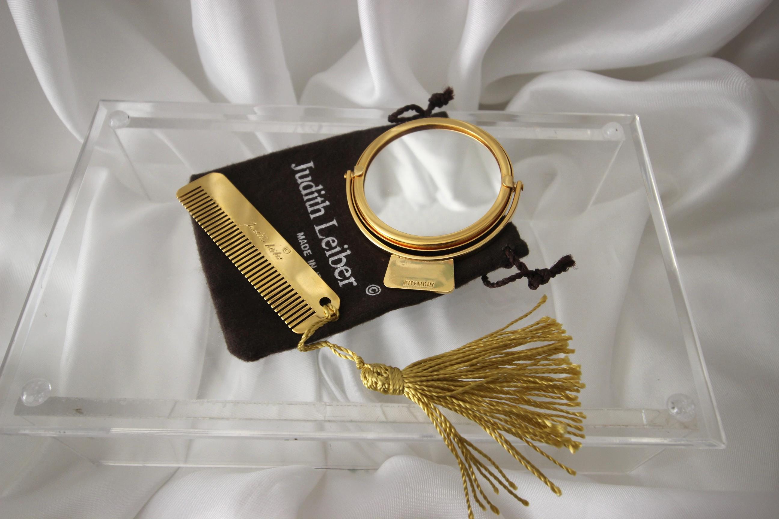 Judith Leiber Double-sided Goldtone Mirror & Comb Set - Made  display picture 2