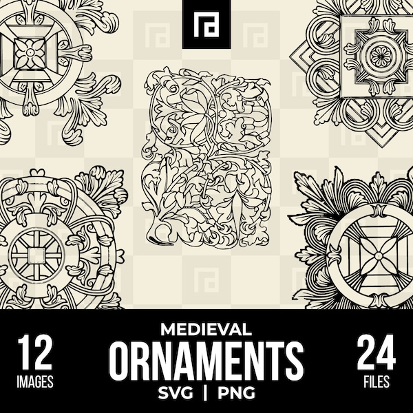 Medieval Conventional Foliage Ornaments SVG PNG Bundle, Middle Age Decor, Flower Pattern Svg, Floral Pattern Svg, Geometric Pattern Svg
