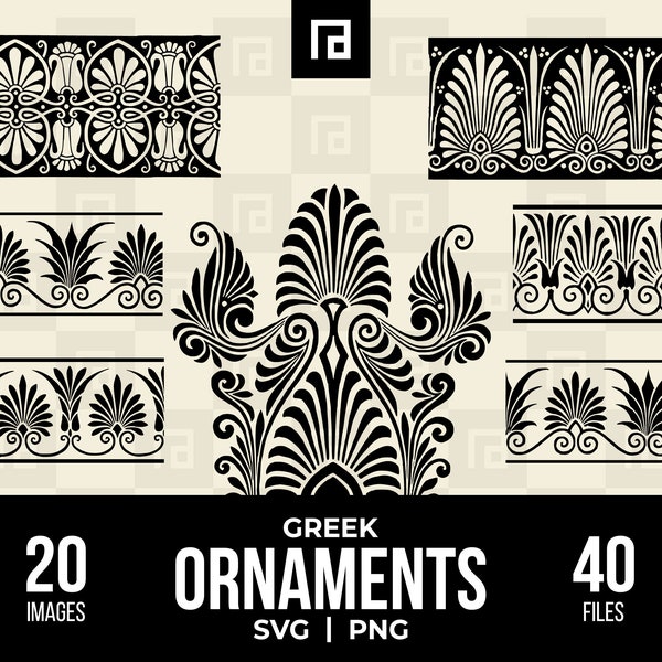 Greek Conventional Foliage Ornaments SVG PNG Bundle, Hellenic Heritage, Hellenistic Art, Mediterranean Decor, Antique Geometric Pattern Svg