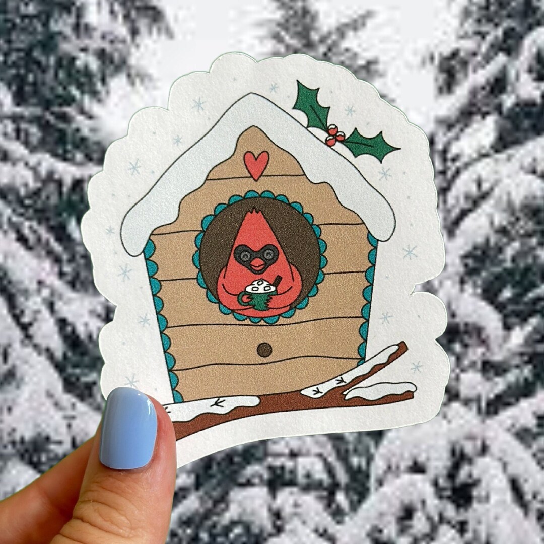 Cardinal in Bird House Sticker Animal Christmas Holiday Winter Glossy