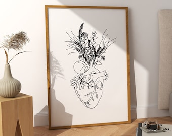 Floral Heart Line Art Print, Minimalist Black and White (Digital Download)