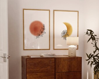 Terracotta Sun and Moon Print Set, Abstract Floral Line Art (Digital Art)