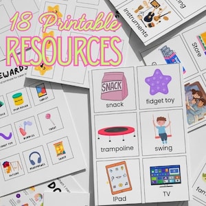 Könnte beinhalten: Ein Set von 18 druckbaren Ressourcen für ein Token-Board, mit farbenfrohen Illustrationen von Aktivitäten und Gegenständen. Die Karten zeigen einen Snack, ein Zappelspielzeug, ein Trampolin, eine Schaukel, ein iPad und einen Fernseher. Der Text "18 Druckbare RESSOURCEN" ist in Rosa und Gelb dargestellt.