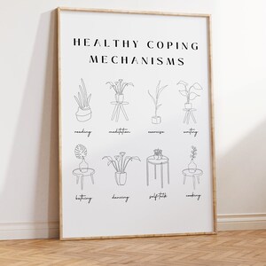 May include: A framed print with the text "HEALTHY COPING MECHANISMS" and line drawings of plants representing activities like reading, meditation, and exercise. The print is in a light wood frame.