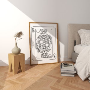 Set di 2 stampe, stampa del re e della regina, arte da parete sopra la coppia del letto, stampa di carte da gioco, arte da parete alla moda, poster in cartoncino nero, stampa estetica