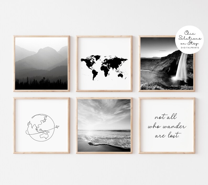 Digital Gallery Wall Art Travel Posters Set of 6 Black Etsy