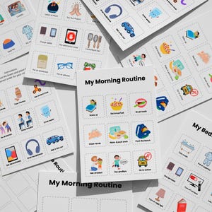 May include: A collection of white cards with colorful illustrations and text, designed to create a morning routine. The cards feature images of daily activities like eating breakfast, brushing teeth, and going to school. The text "My Morning Routine" is displayed on some cards.