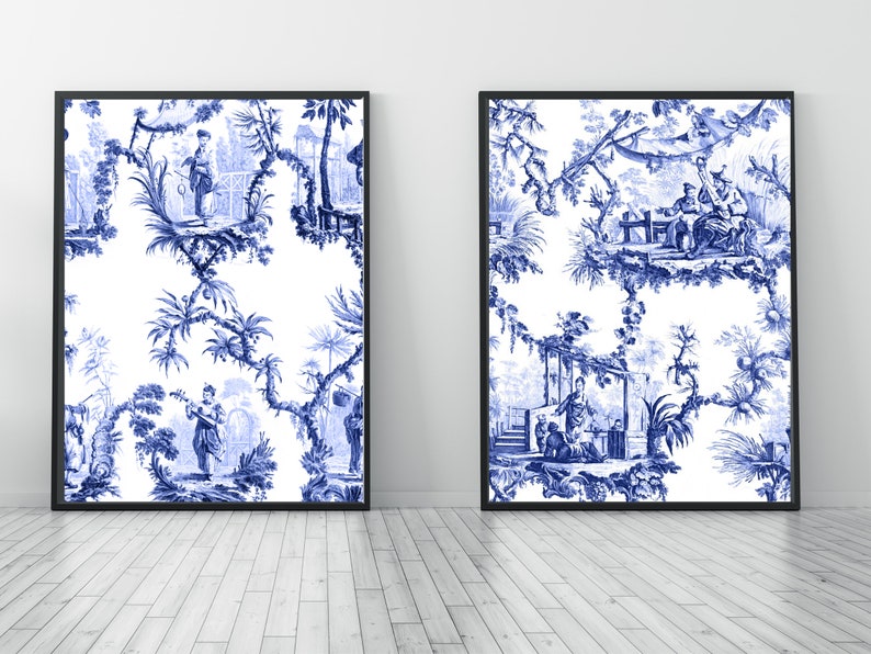 Chinoiserie Print Blue and White Prints Set Of 2 Ginger Jar | Etsy