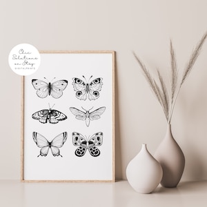 Vlinder kunst aan de muur, vlinder kaart poster, zwart-wit, minimalistische vlinder kunst aan de muur, vlinder print, boterachtige tekening