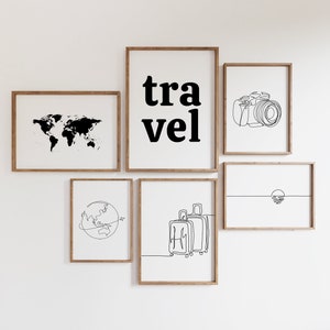 Digital Gallery Wall Art, Travel Posters, Set of 6,  Black White Print, Urban Travel Landmarks, Minimalist Printable Wall Art