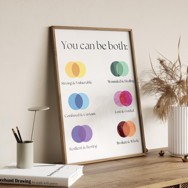 May include: A framed art print with the text "You can be both:" and colorful overlapping circles. The print features phrases like "Strong & Vulnerable" and "Broken & Whole." The frame is a warm brown color, and the print is displayed on a wooden surface.