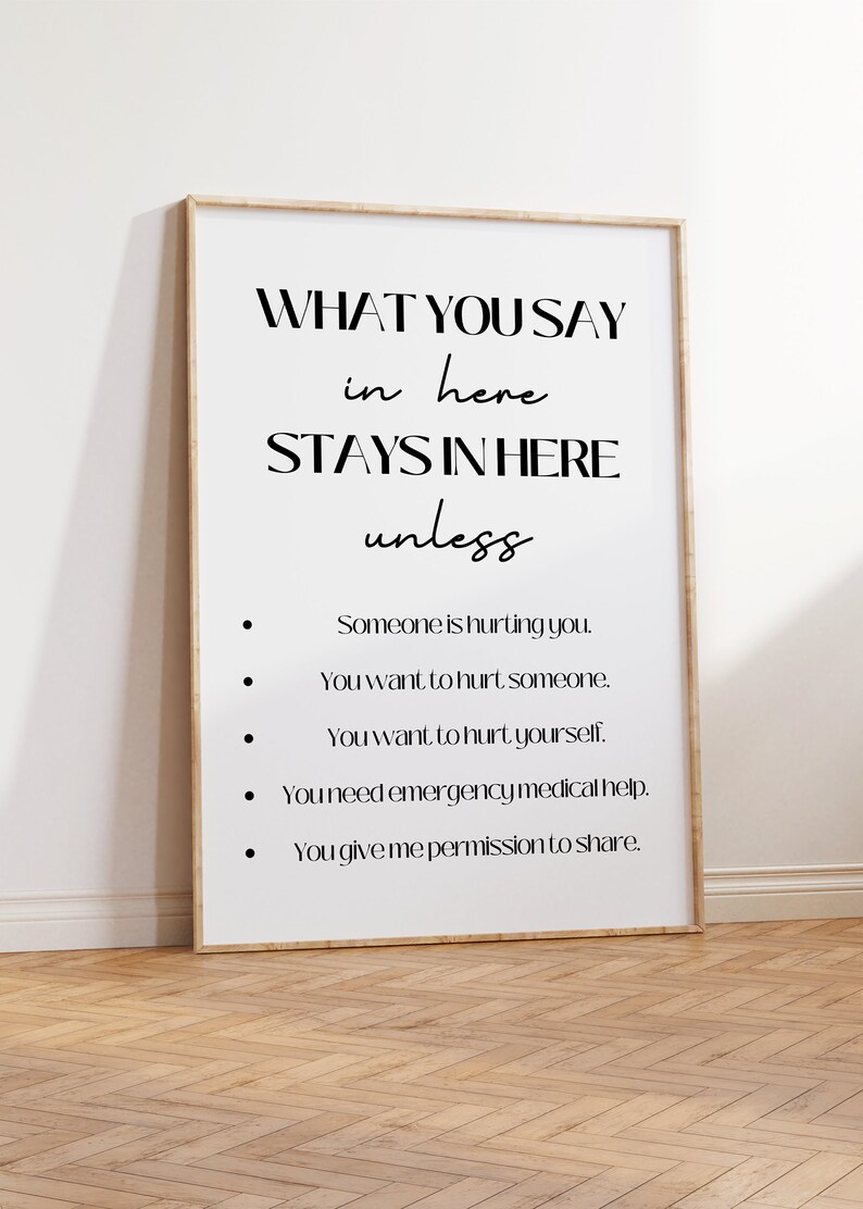 May include: A framed print with the text "WHAT YOU SAY in here STAYS IN HERE unless" in black. The text is followed by a list of exceptions. The frame is light-colored, and the background is white.