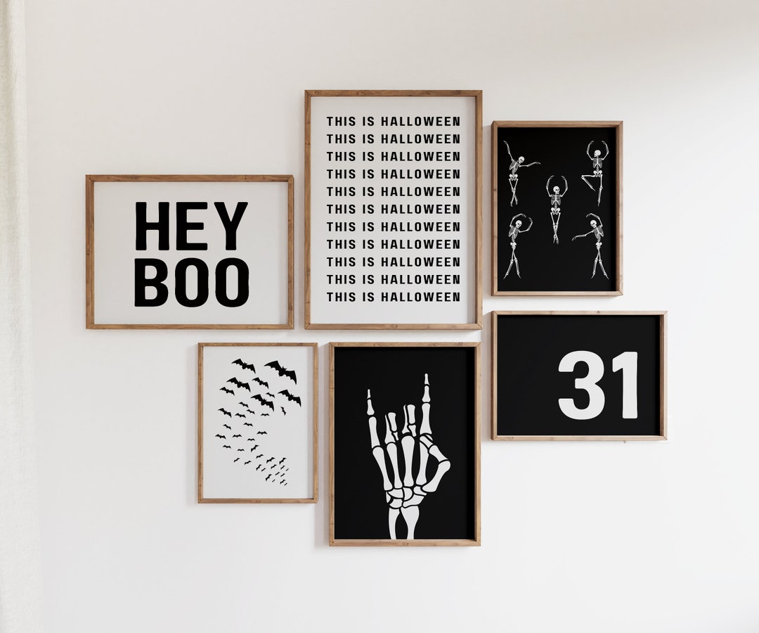 Hey Boo Skeleton Set of Halloween Prints, Set of 6, Hey Boo Sign, Dancing Skeleton Print ...