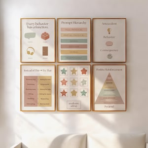 May include: Six framed educational posters with text and graphics. The posters cover topics like behavior functions, prompt hierarchy, and positive reinforcement. The color palette includes beige, peach, and green.