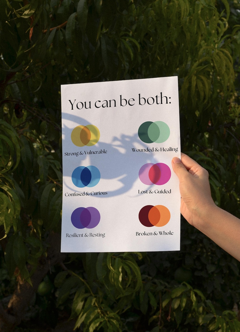 May include: A white poster with the text "You can be both:" and six pairs of overlapping colored circles. The pairs are labeled: Strong & Vulnerable, Wounded & Healing, Confused & Curious, Lost & Guided, Resilient & Resting, and Broken & Whole.