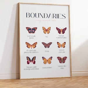 May include: A white poster with the text "BOUNDARIES may sound like" in black. The poster features nine colorful butterfly illustrations with phrases like "Let's talk later", "No", "I'm not comfortable", "It's not my job to fix others", "Stop", "I need a break", "I'm not able to help with that", "I need time", and "I don't like this".