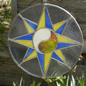 Stained Glass Yin Yang Compass Rose Panel