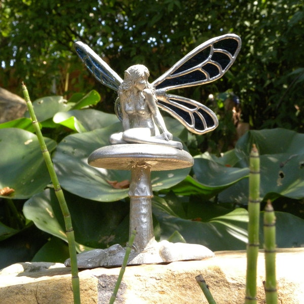 Blue/Green Stained Glass Fairy Sitting on a Mushroom