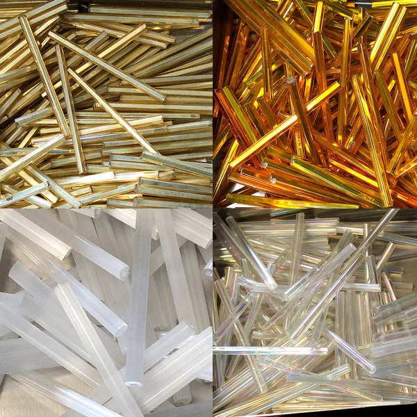 Set #1 - 30mm Miyuki Bugle Beads: Straw Gold, Gold-Orange Iris, White Satin, Transparent Crystal AB - 60pcs