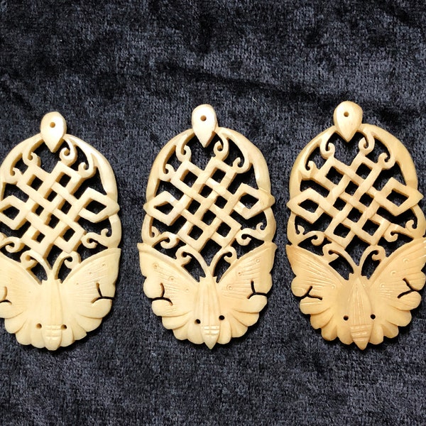 Hand Carved Cattle Bone Tibetan Endless Knot or Eternal Knot with Butterfly - focal pendant Jewelry making supplies