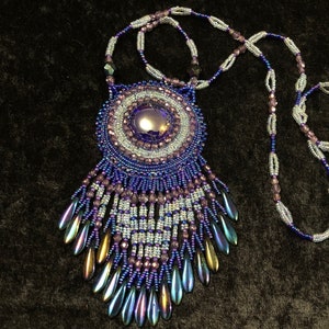 Bead Embroidered Glass Cabochon Necklace with Exquisite Fringe - A Study in Blues - One of a Kind