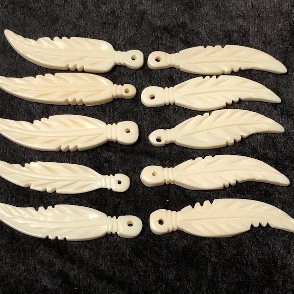 Carved Native American Style Clean Ivory Colored Bone Feather Pendant or Earring Components - 1 Pair